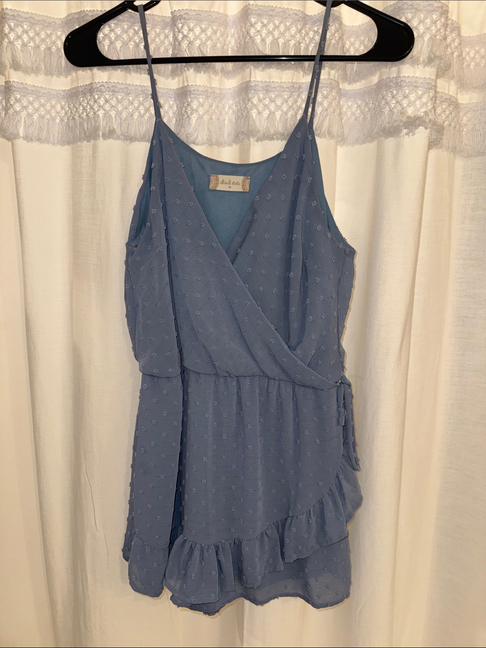 Light Blue Swiss Dot Wrap Romper with Ruffle Hem